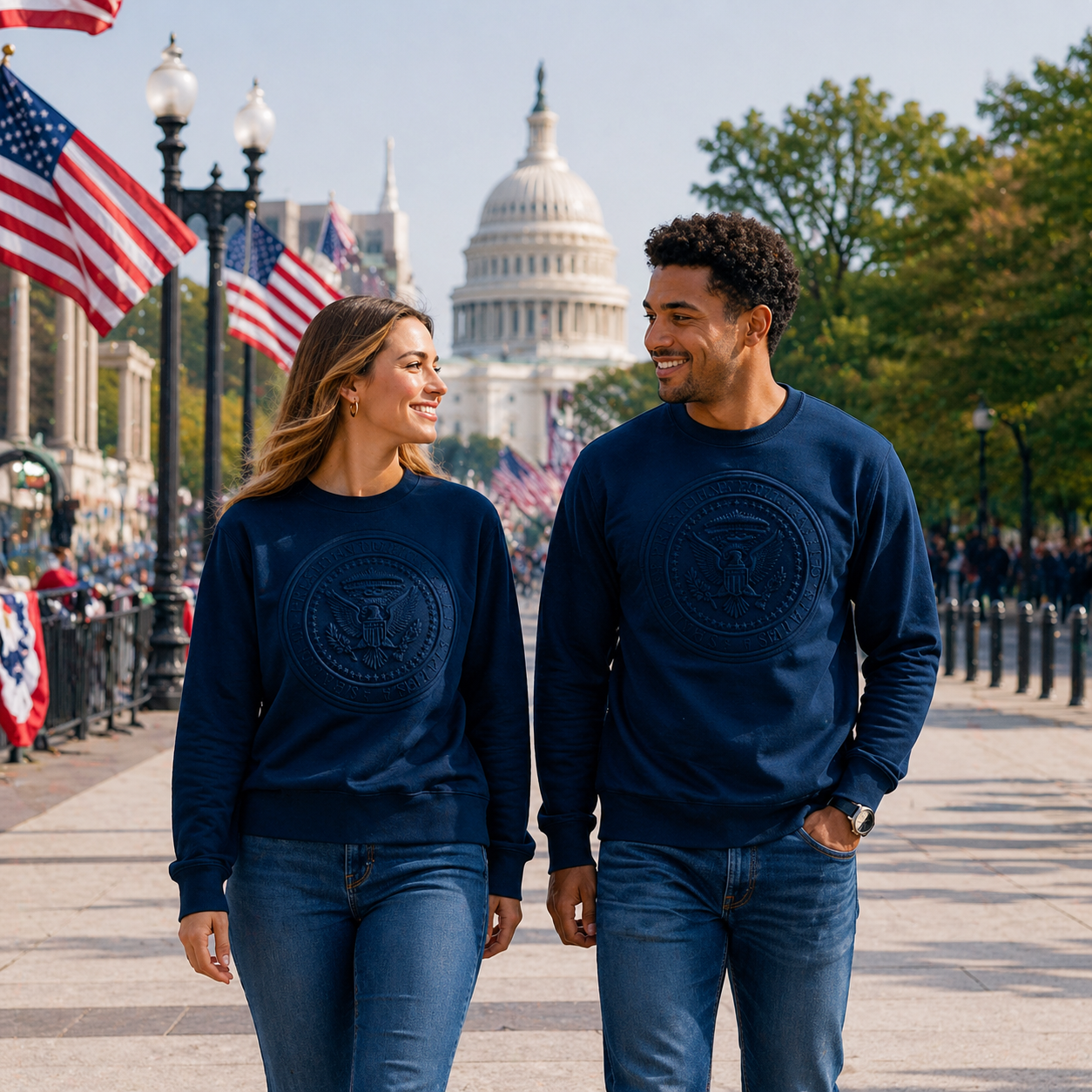 Premium Navy Presidential Seal Embossed Sweatshirt – Classic American Crewneck