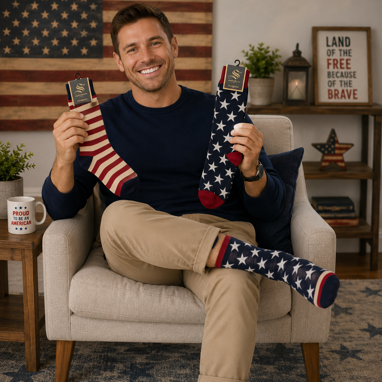 Patriotic Active Crew Socks – Red, White & Blue Stars and Stripes, Men's, One Size Fits Most