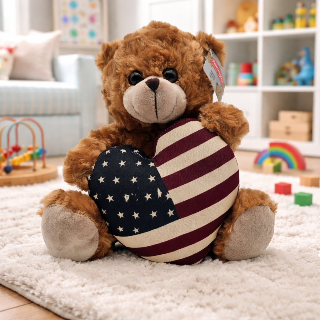 Patriotic Plush Bear – Super Soft Huggable Loveable Bear Holding U.S. Flag Heart