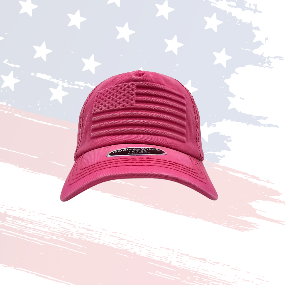 Pink Embossed US Flag Baseball Cap – Adjustable, UPF 50 Sun Protection