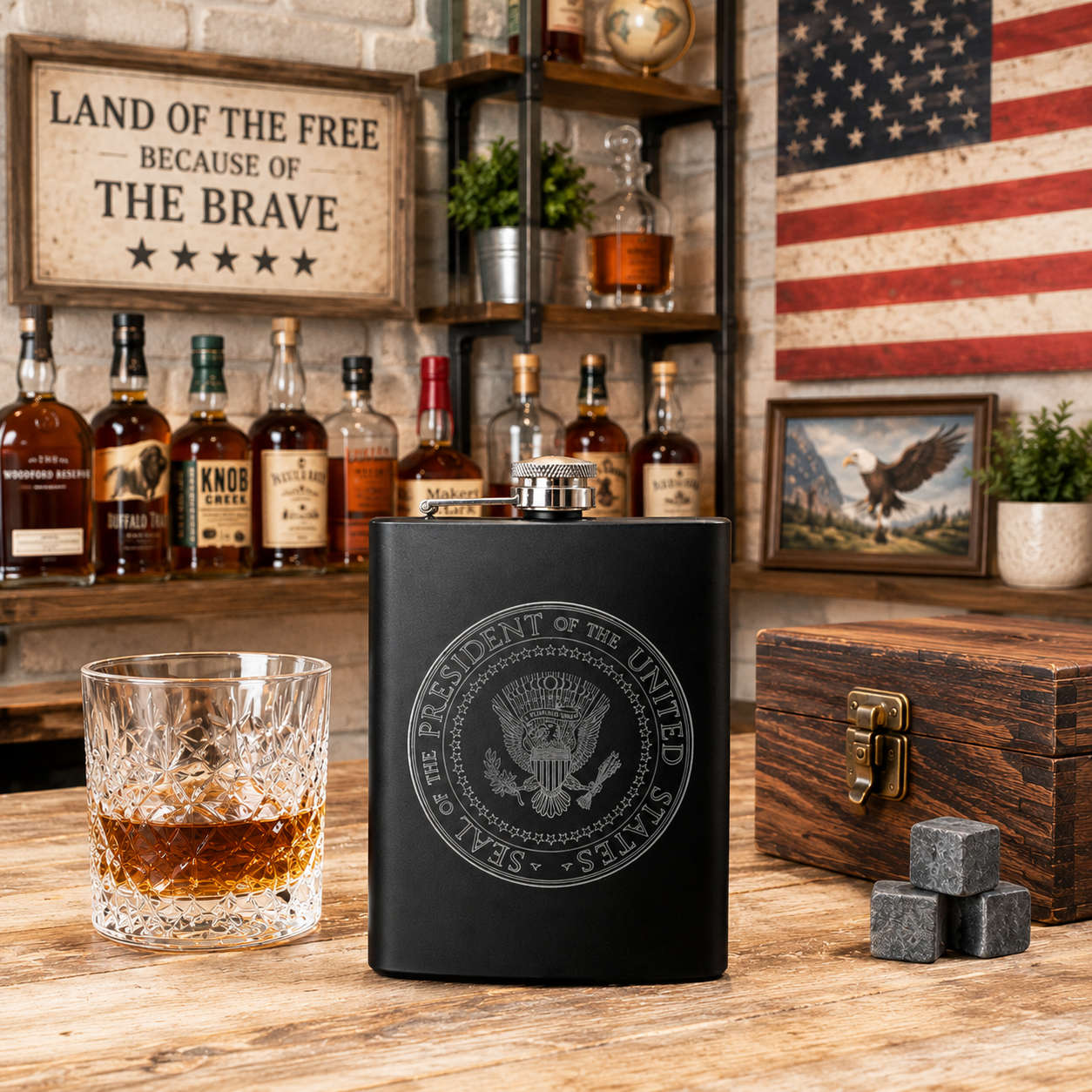 Presidential Seal Hip Flask  - 8 oz Laser Engraved Stainless Steel Flask Made in USA