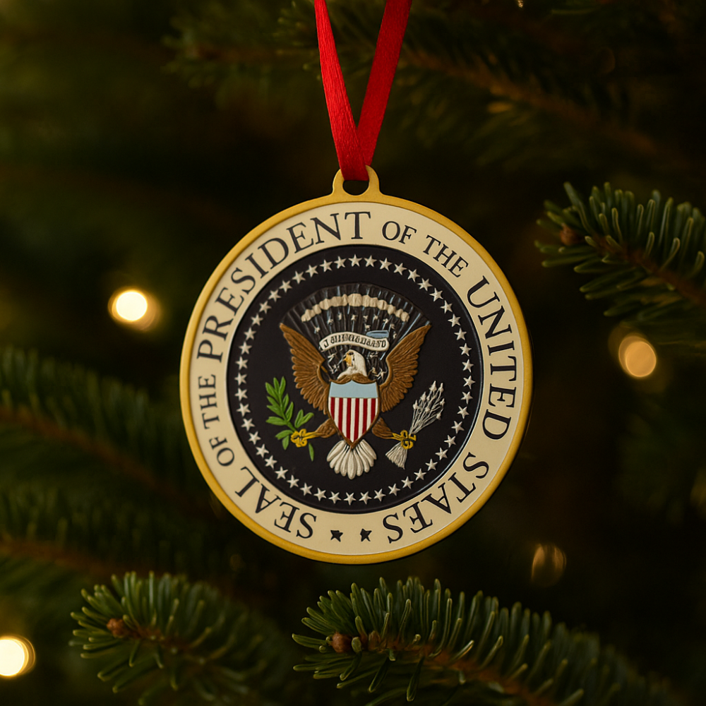 Presidential Seal Ornament – Layered Pressed Wood with Epoxy Coating & Red Ribbon