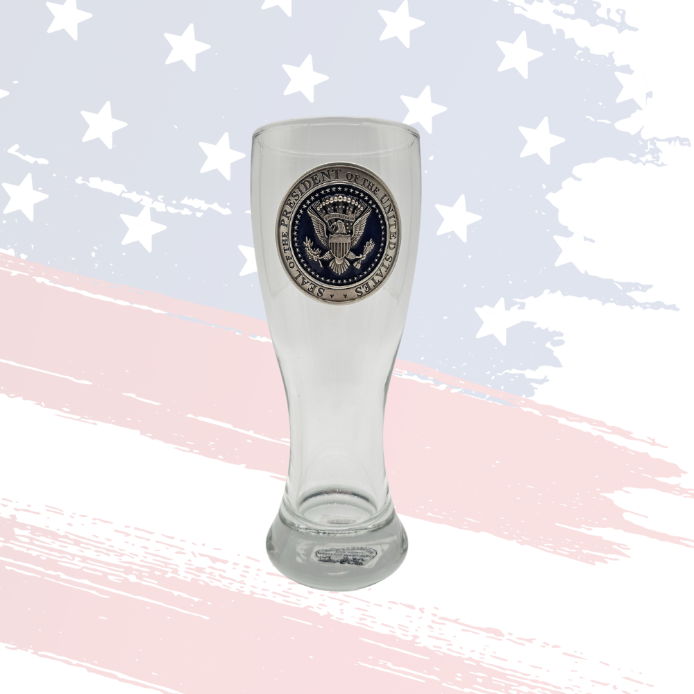 Clear Glass Pilsner with Handcrafted Pewter Presidential Seal – Exclusive Gift!