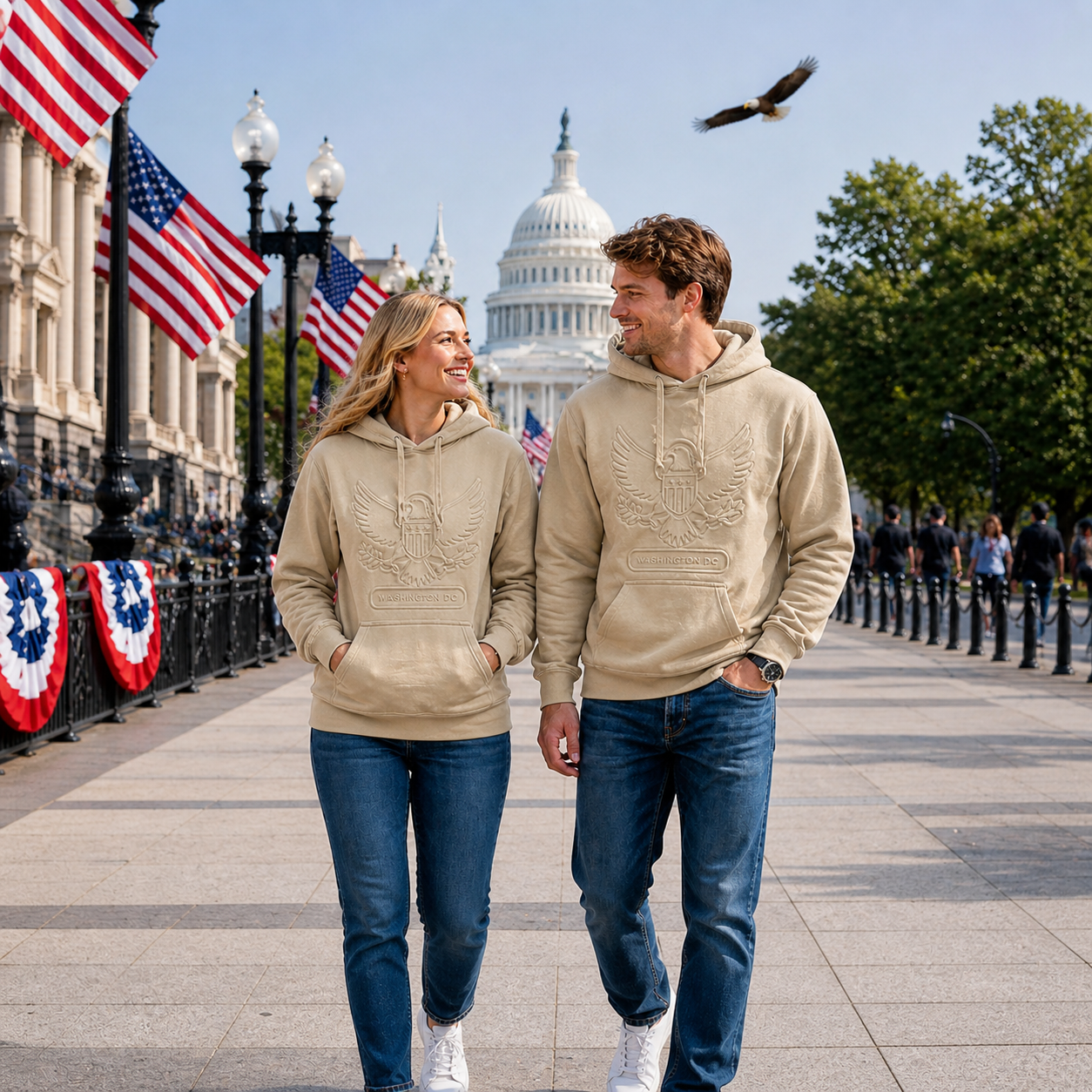 Premium Sand Color Washington DC Embossed Eagle Hoodie