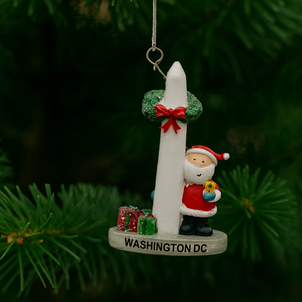 Santa and Washington Monument Ornament – Festive D.C. Holiday Resin Keepsake