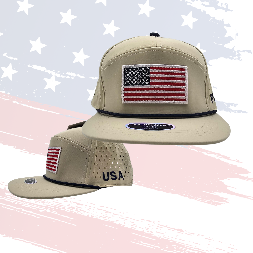 Tan Flat Bill USA Flag Baseball Cap – Snapback, UPF 50, Colorful Applique