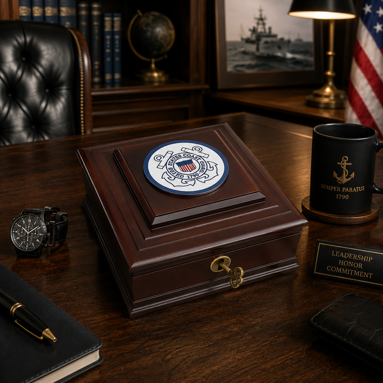 U.S. Coast Guard Medallion Wooden Keepsake Box – Made in USA Military Desktop Box