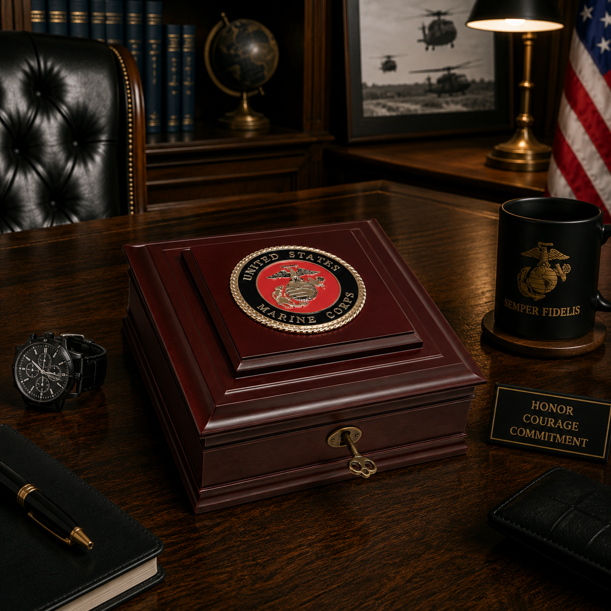U.S. Marine Corps Medallion Wooden Keepsake Box – Made in USA Military Desktop Box