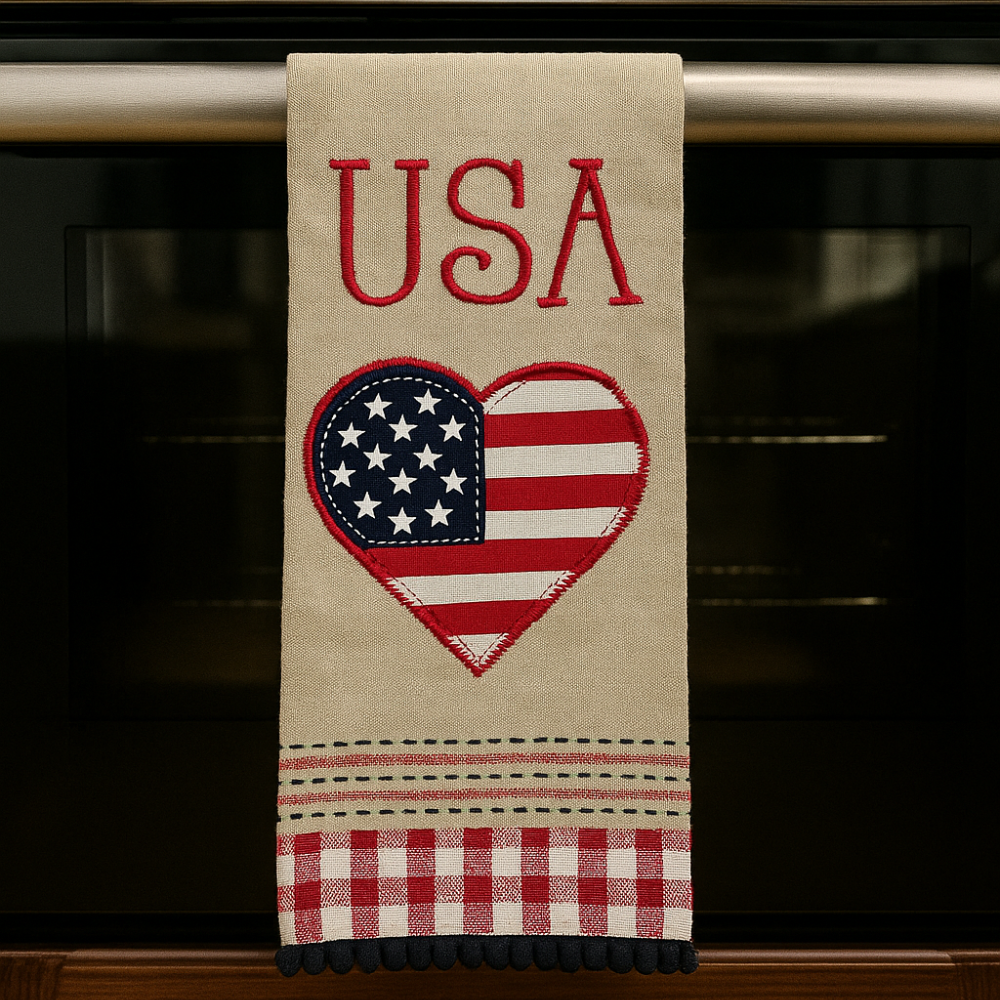 USA Heart Tea Towel – Patriotic Kitchen Decor with Detailed Stitching