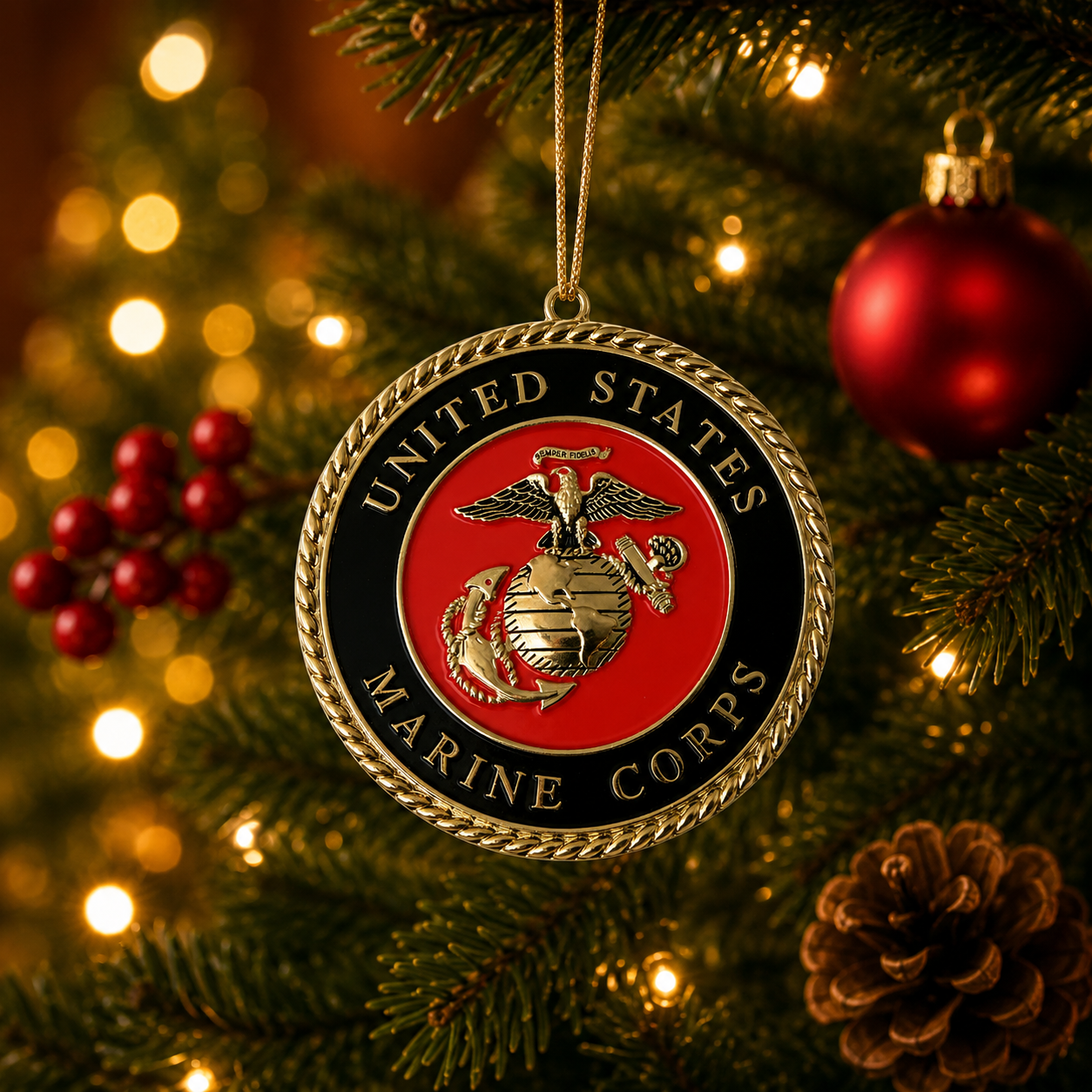 United States Marine Corps Gold-Plated Medallion Christmas Ornament – Made in USA - Gift Boxed