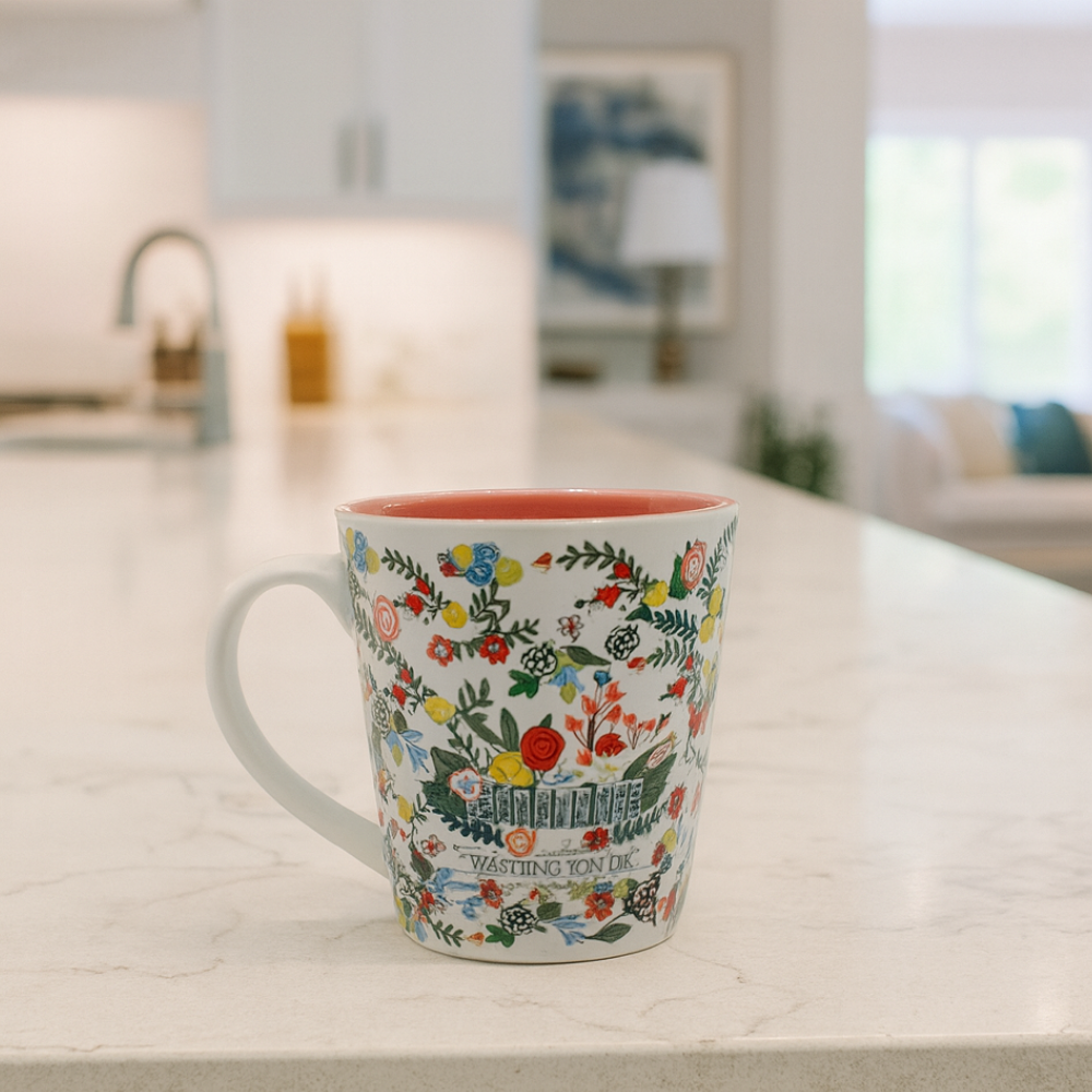 White House Floral Sketch Latte Mug – 16oz Pink Interior, Made in USA