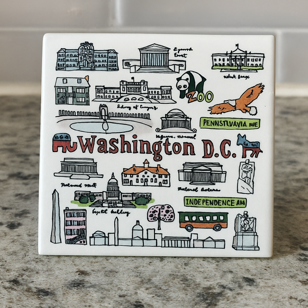 Washington, D.C. Icons Ceramic Coaster – Illustrated Landmark Design | High-Quality Ceramic Drink Coaster