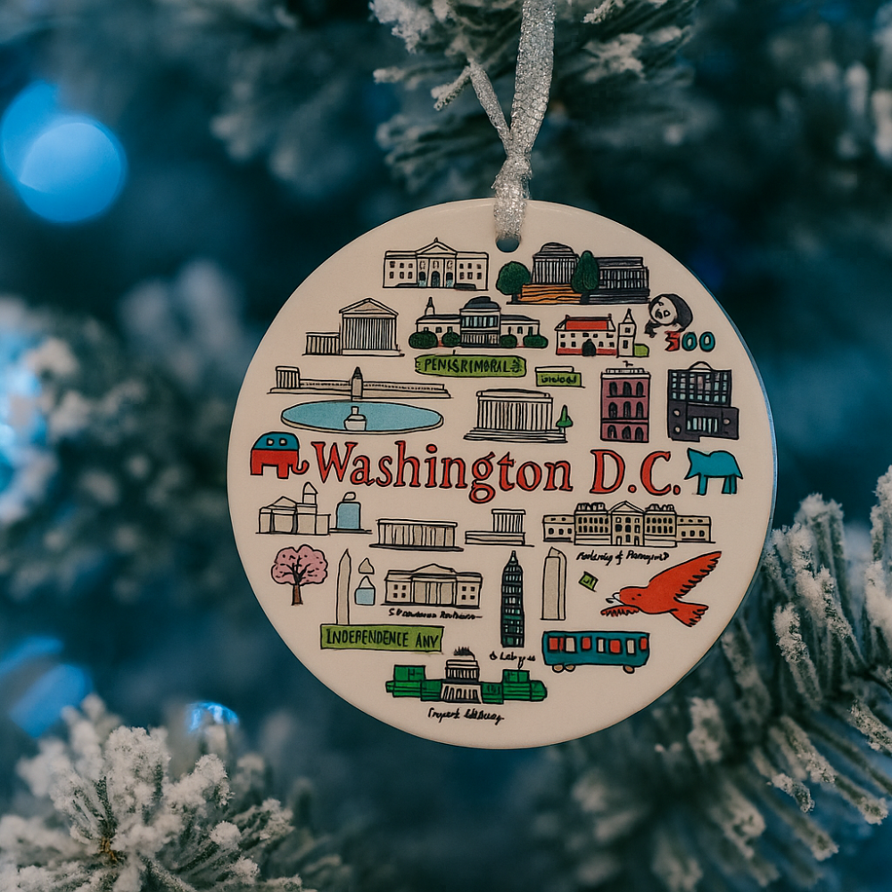 Washington, D.C. Icons Ceramic Ornament – Hand-Drawn Landmark Design with Sparkle Ribbon