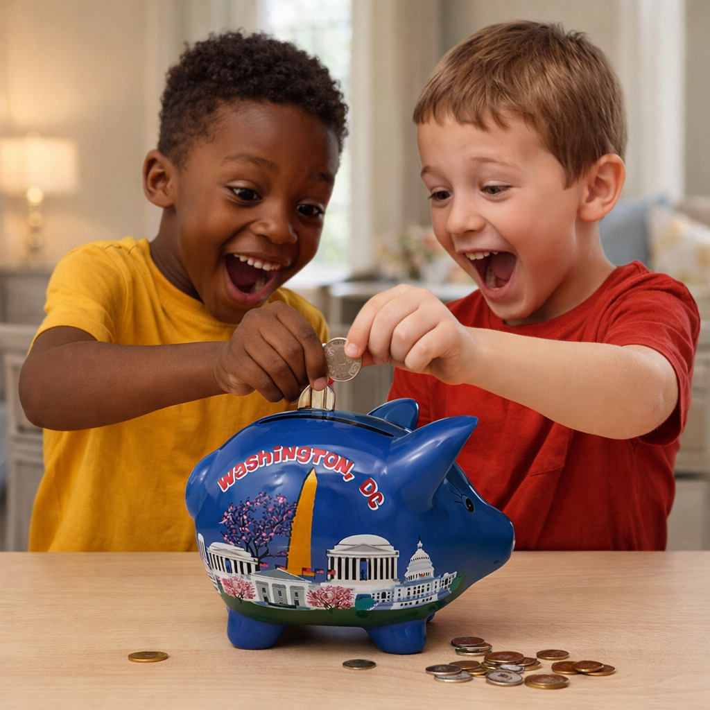 Washington D.C. Kids Piggy Bank – Exclusive Blue & White Design with Cherry Blossoms, Educational & Fun