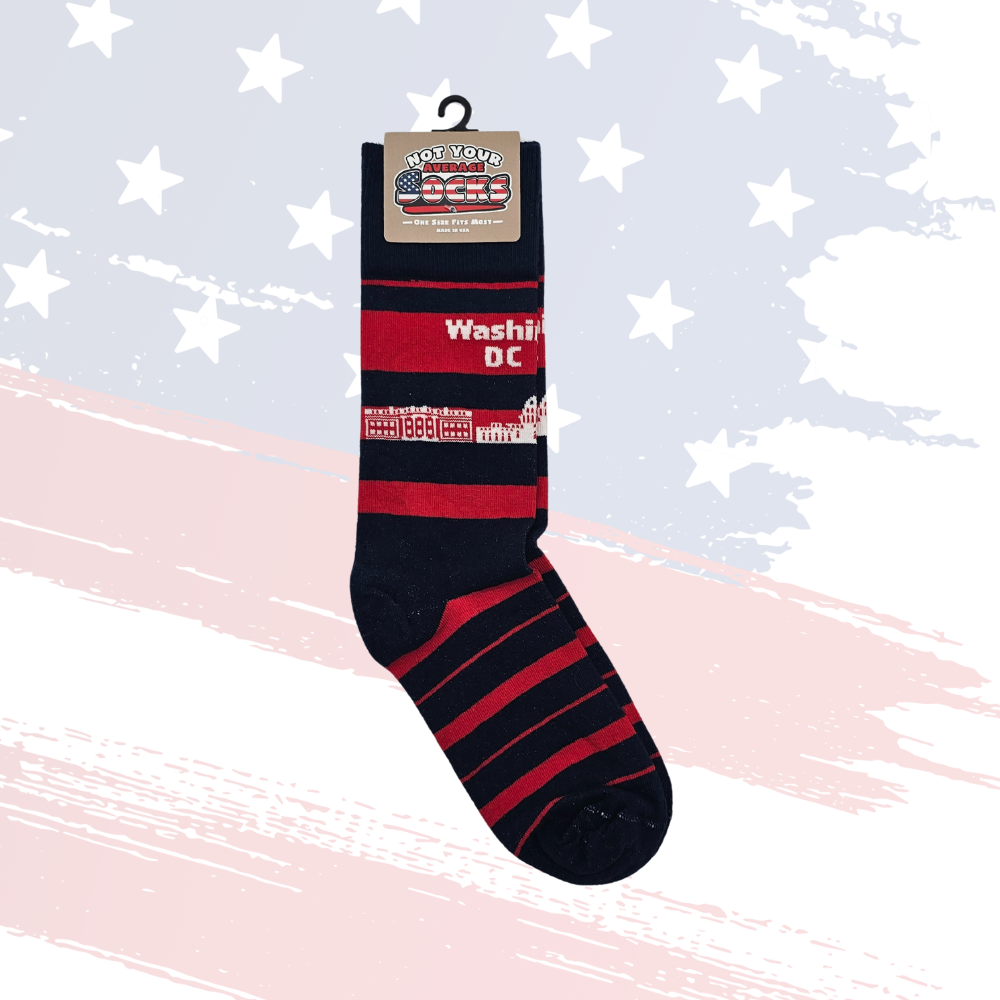 Washington D.C. Skyline Socks – Red & Navy Striped, One Size Fits Most, Made in USA