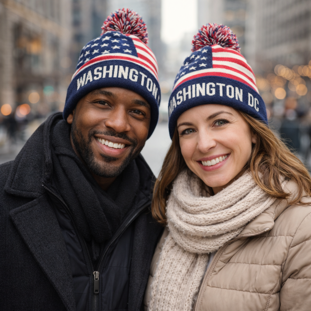 Washington DC Pom Beanie – USA Flag Knit Winter Hat with Pom