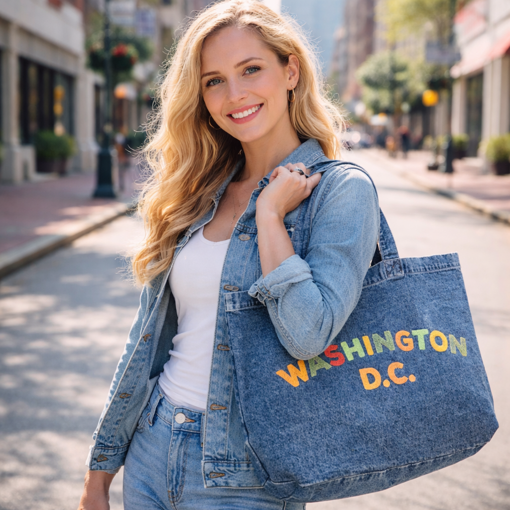 Washington DC Denim Tote Bag – Large 22” Travel & Shopping Tote with Custom Appliqué