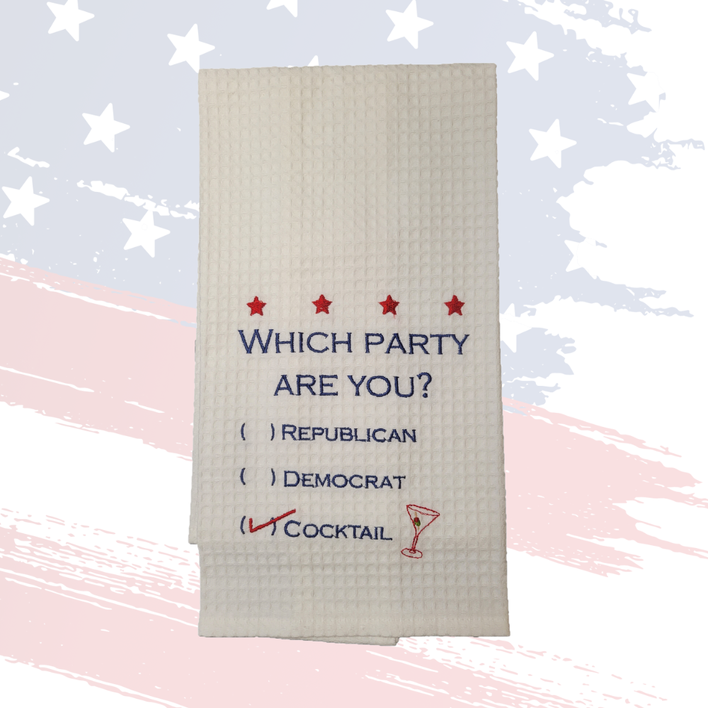 “Which Party Are You?” Cotton Tea Towel – Fun Political Kitchen Décor