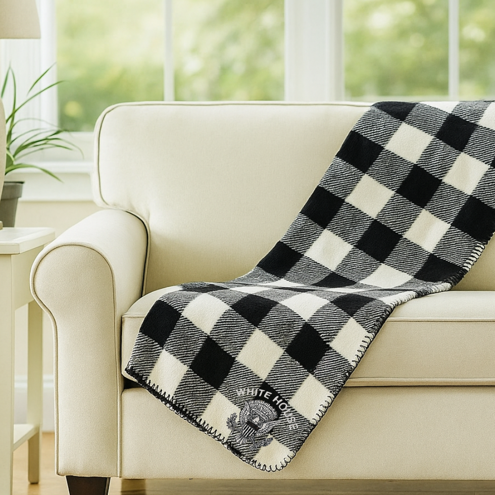 White House Gifts Black & White Buffalo Check Throw Blanket – Soft Fleece Decorative Throw with Presidential Seal