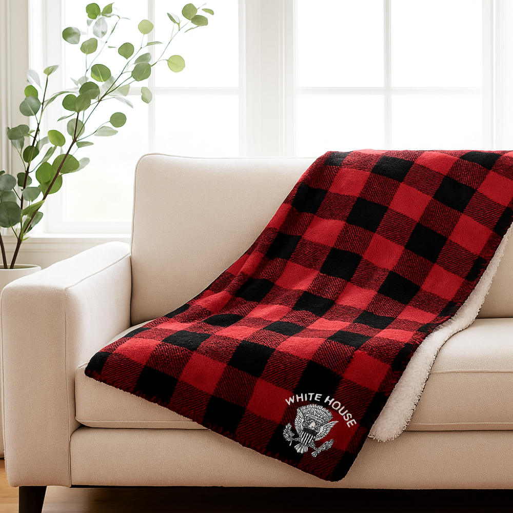 White House Gifts Red & White Buffalo Check Throw Blanket – Soft Fleece Decorative Throw with Presidential Seal