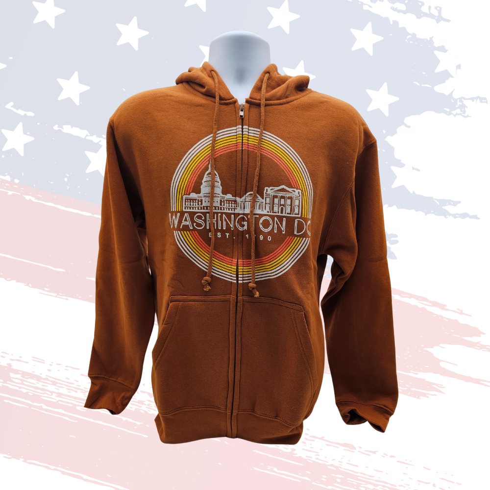 Rust/Cooper Washington DC Skyline Zip Hoodie – Retro Design, High-Quality Poly-Cotton Blend